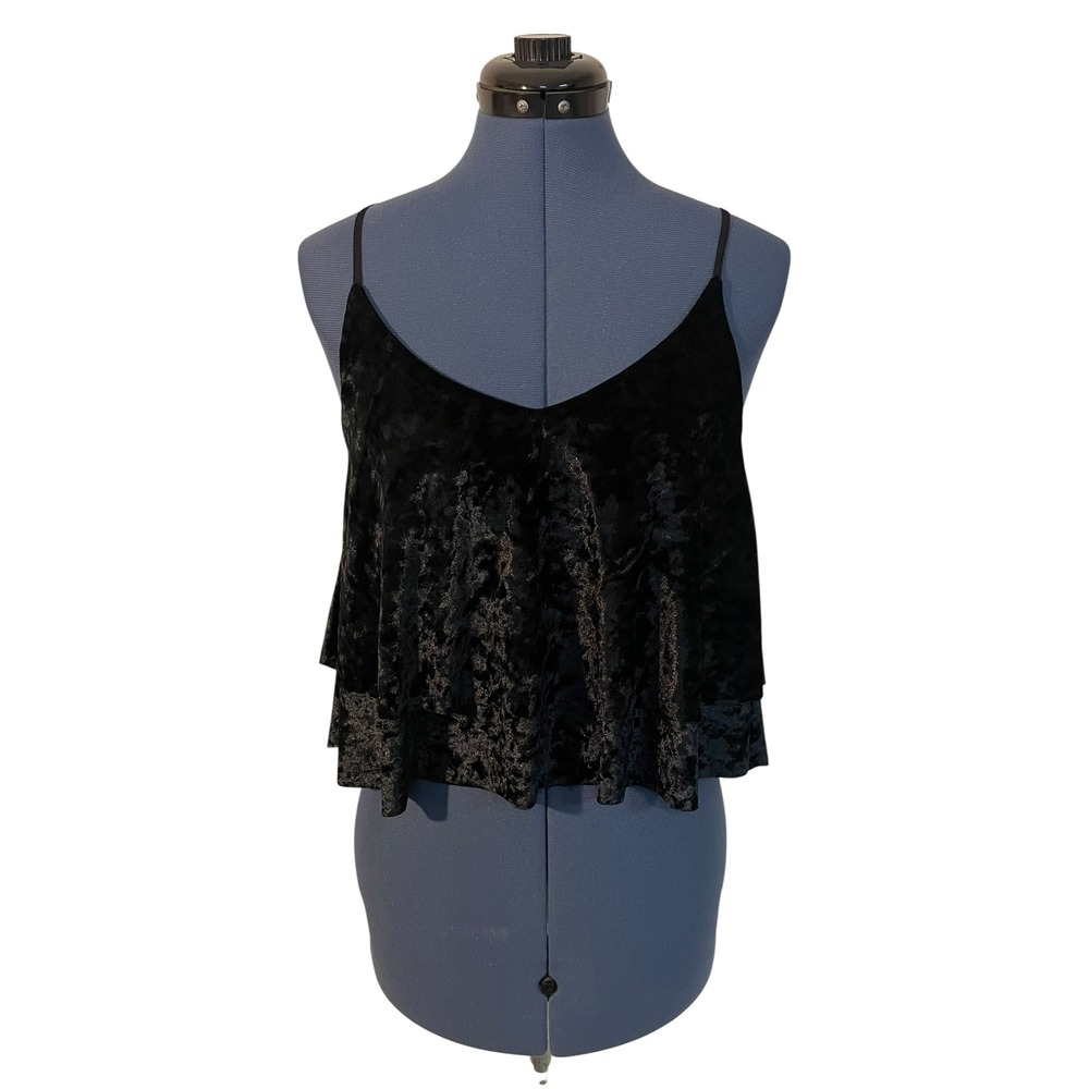 Madison & Berkeley Black Crushed Velvet Tiered Ruffle Cami Crop Top Whimsigoth M